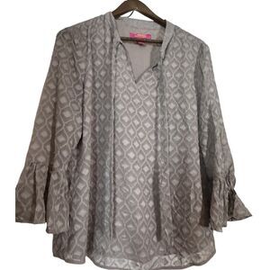 Catherine Malandrino Brown Blouse XL Geometric Print Peasant‎ Sleeve